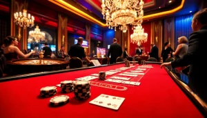 Experience the thrill of luck8 at a luxurious blackjack table amidst vibrant casino excitement.