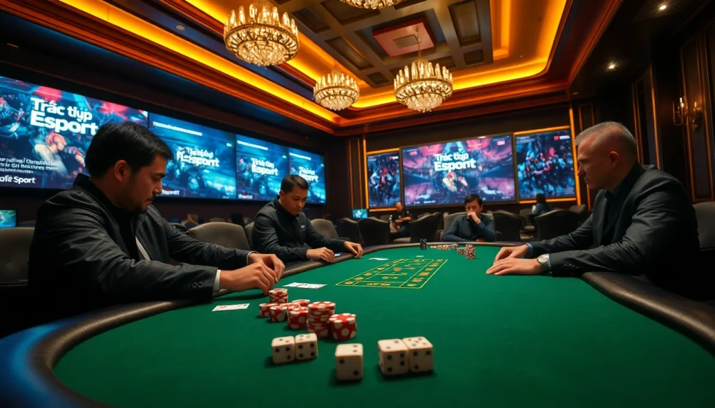 Intense poker competition with esports backdrop featuring Trực tiếp Esport and vibrant match displays.