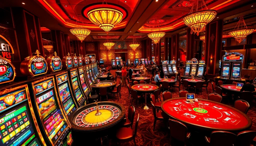 Experience the thrill of Thabet Vegas with players at colorful poker tables and vibrant slot machines.