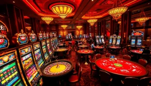 Experience the thrill of Thabet Vegas with players at colorful poker tables and vibrant slot machines.