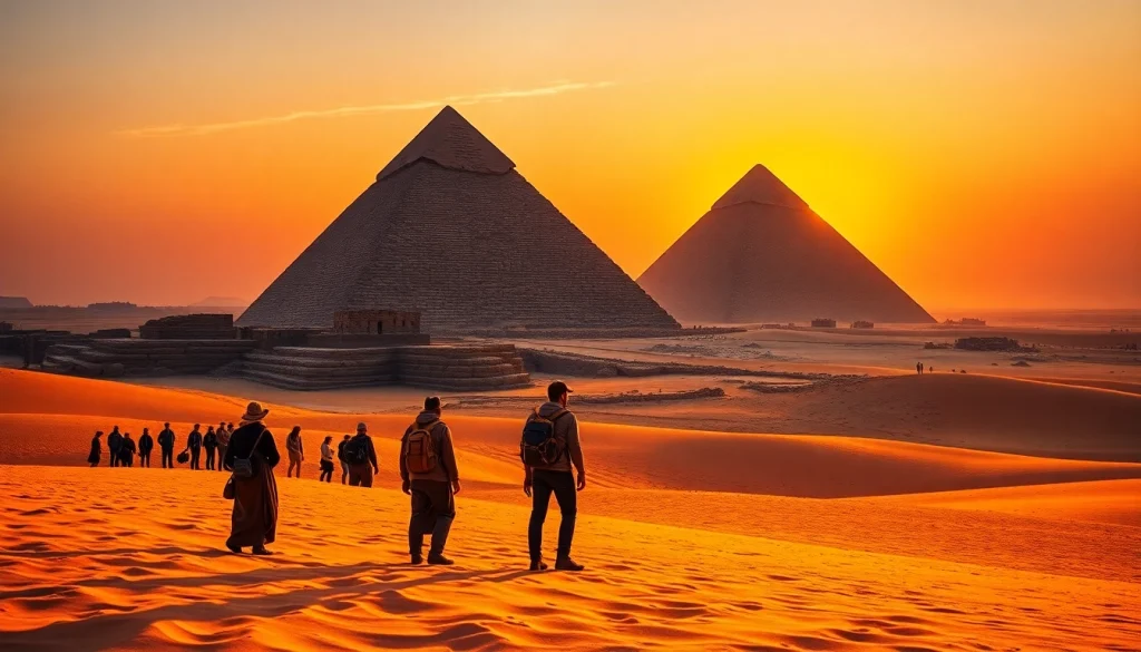Piraminds bathed in sunset light, explorers marveling at ancient wonders.