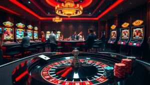 RR88 casino scene with vibrant roulette wheel and exciting gamblers at the table.