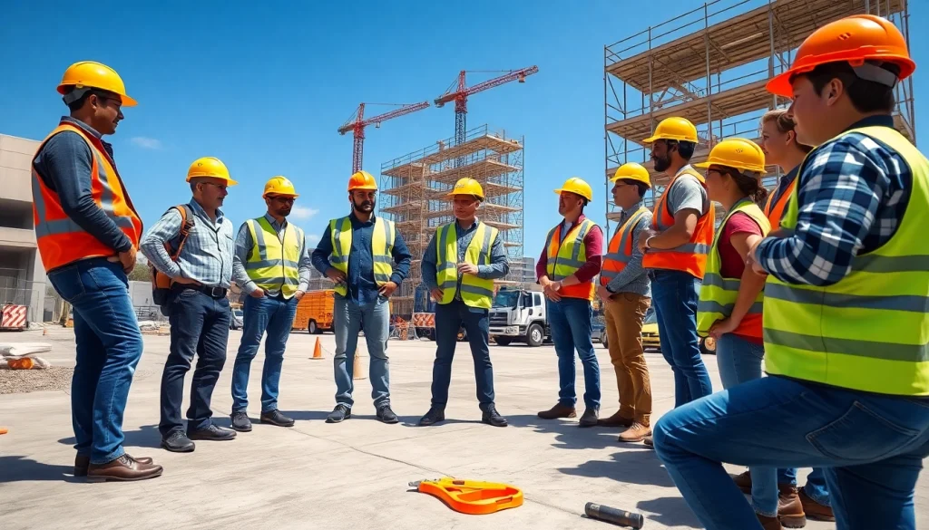 Construction safety training with workers collaborating on safety protocols in a vibrant outdoor setting.