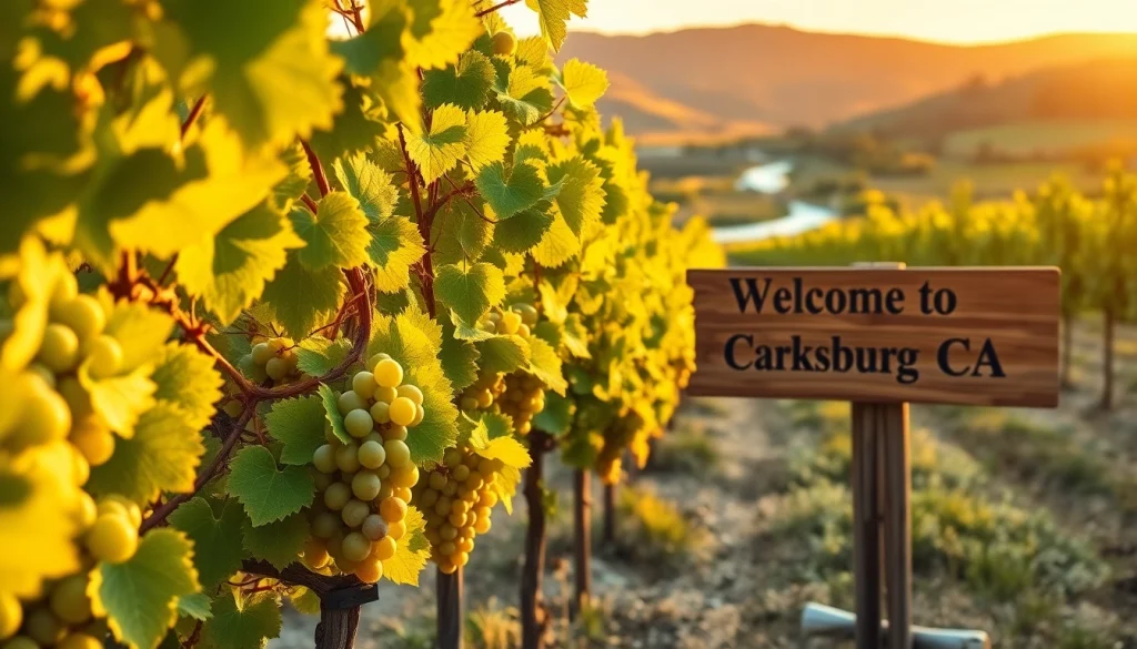 Carksburg CA vineyard landscape showcasing lush grapevines and a warm sunset glow.