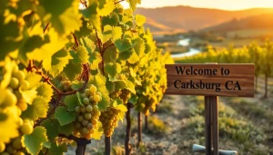 Carksburg CA vineyard landscape showcasing lush grapevines and a warm sunset glow.