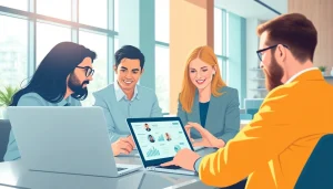 Engaged team planning to hire sales reps with digital tools in an office setting.