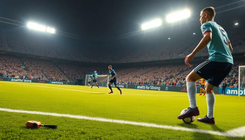 Catch the excitement and energy of ฟุตบอลคืนนี้ as players compete fiercely in a packed stadium.