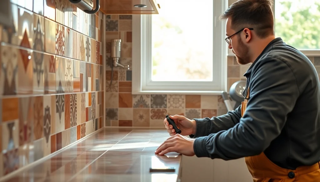 Tile Installer Keizer expertly installing a decorative kitchen backsplash with intricate tiles.