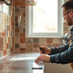 Tile Installer Keizer expertly installing a decorative kitchen backsplash with intricate tiles.