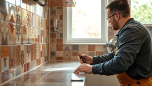 Tile Installer Keizer expertly installing a decorative kitchen backsplash with intricate tiles.