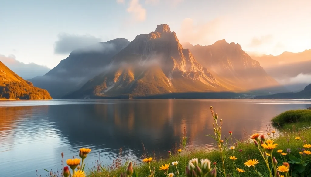 Scandia's tranquil lake setting with vibrant wildflowers at sunrise.