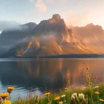 Scandia's tranquil lake setting with vibrant wildflowers at sunrise.