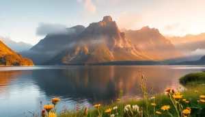 Scandia's tranquil lake setting with vibrant wildflowers at sunrise.