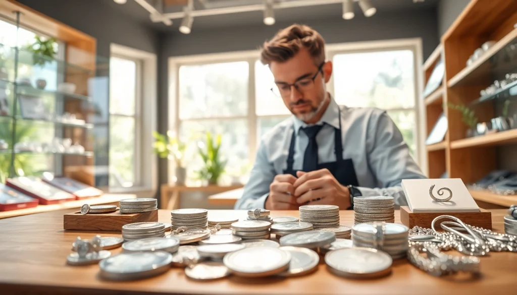 Valutazione e acquisto di compro argento in un negozio luminoso con gioielli esposti.