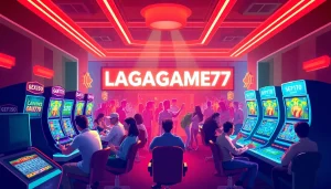 LAGAGAME77 online gaming platform with vibrant visuals and diverse players enjoying slot games.