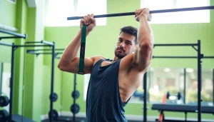Active individual using a pull-up assist band in a bright gym, showcasing fitness and strength.