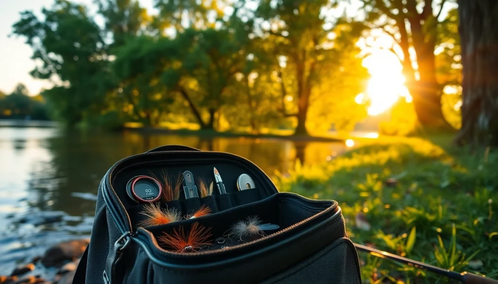 Showcasing a Fly fishing bag filled with essentials at a serene riverbank.