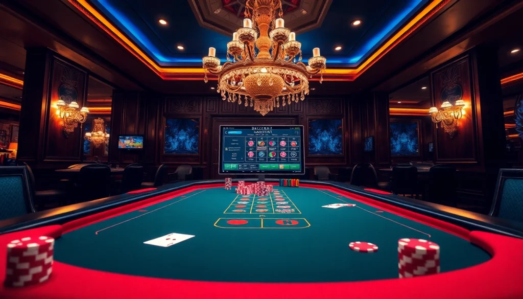 A thrilling Baccarat game scene at a luxurious casino, capturing the excitement of players on https://xx88.us/ with vibrant poker chips.