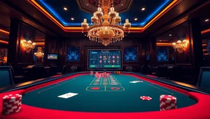 A thrilling Baccarat game scene at a luxurious casino, capturing the excitement of players on https://xx88.us/ with vibrant poker chips.