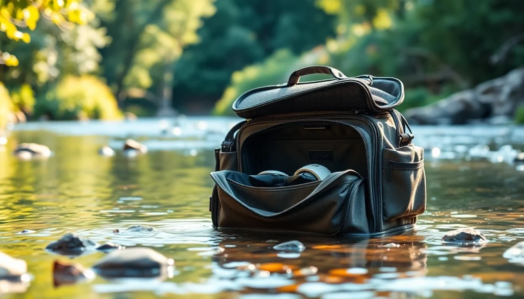 Showcasing a fly fishing bag filled with gear beside a serene river setting.