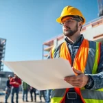 New Jersey Commercial General Contractor directing a construction team on-site with blueprints.