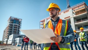 New Jersey Commercial General Contractor directing a construction team on-site with blueprints.