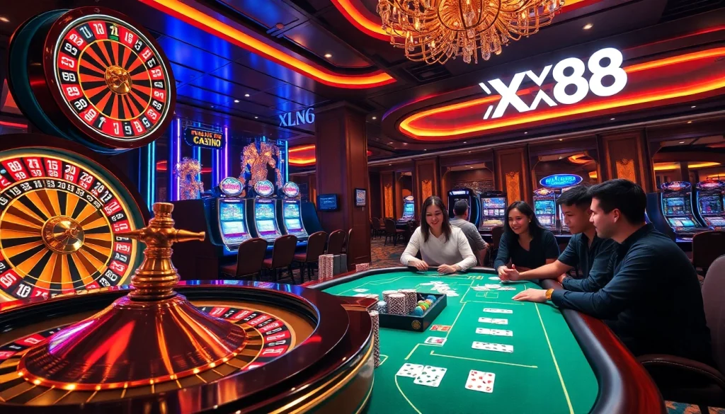 Players enjoying games at XX88 with roulette wheels and slot machines in a luxurious casino setting.