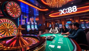Players enjoying games at XX88 with roulette wheels and slot machines in a luxurious casino setting.