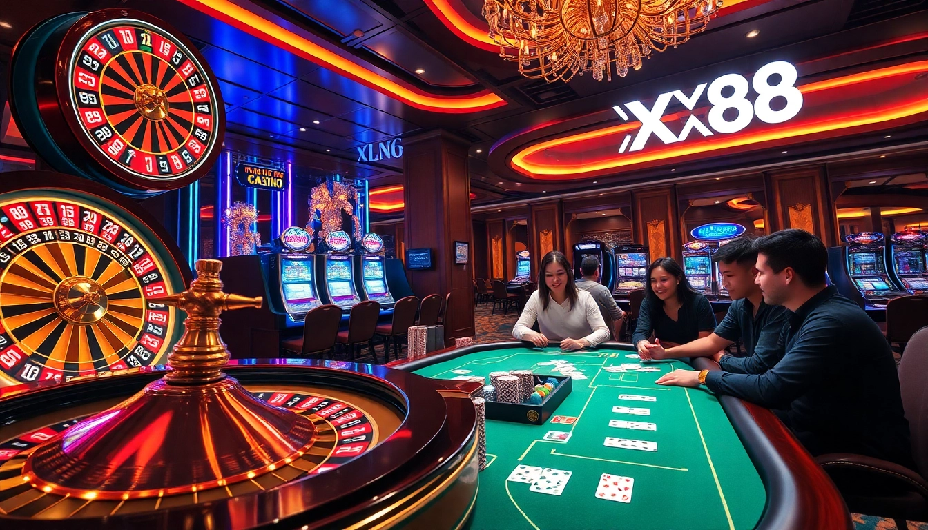 Players enjoying games at XX88 with roulette wheels and slot machines in a luxurious casino setting.