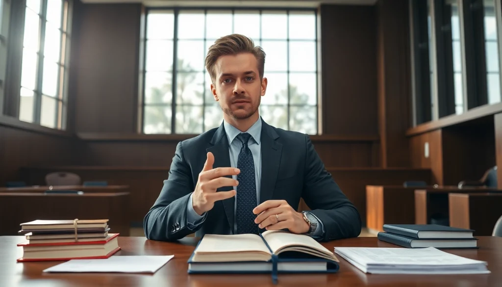 Menampilkan brio4d saat seorang pengacara berdiri di ruang sidang modern dengan percaya diri.