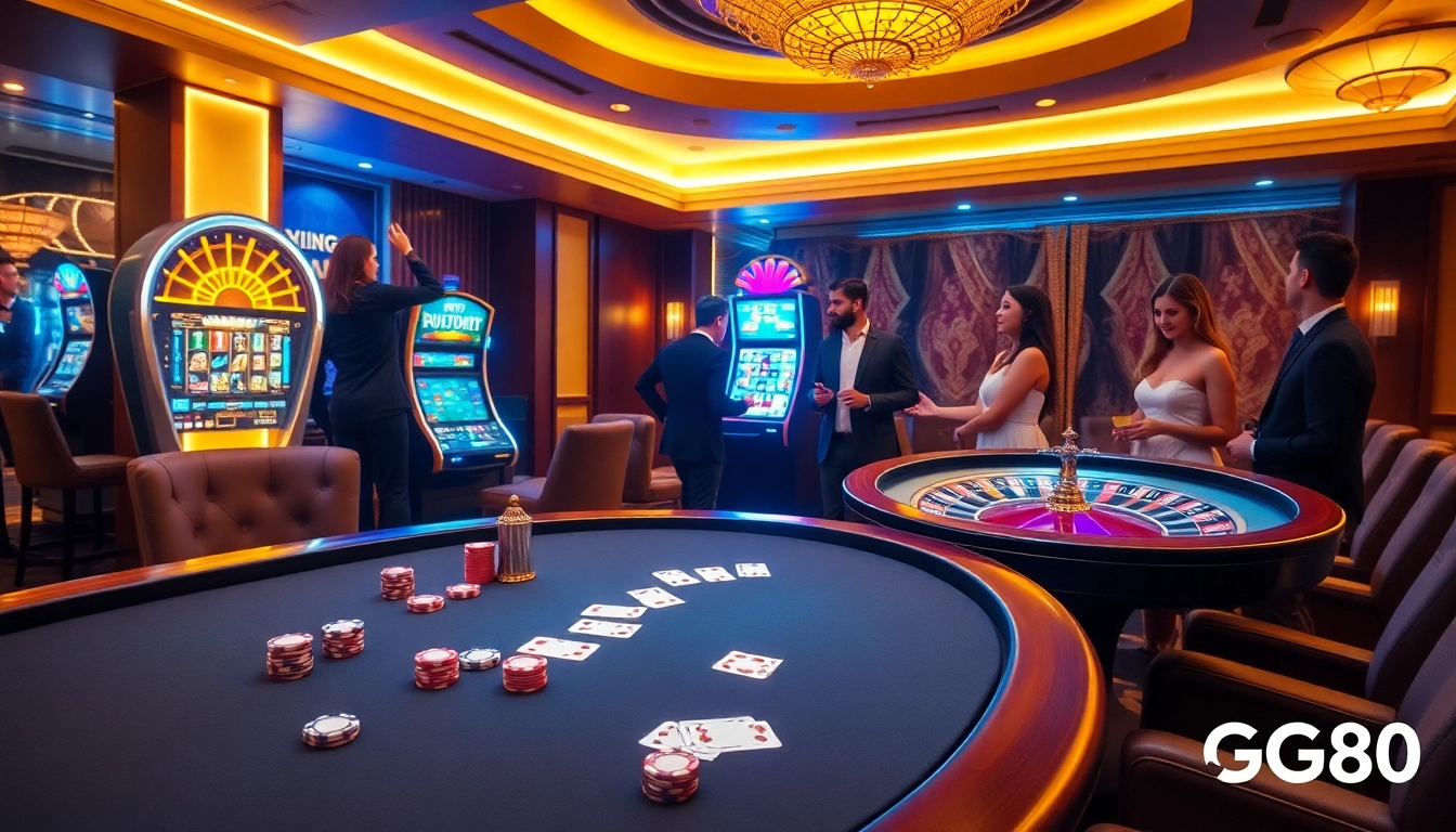 Experience an exciting atmosphere at GG88's luxurious poker table with vibrant roulette and slot games.