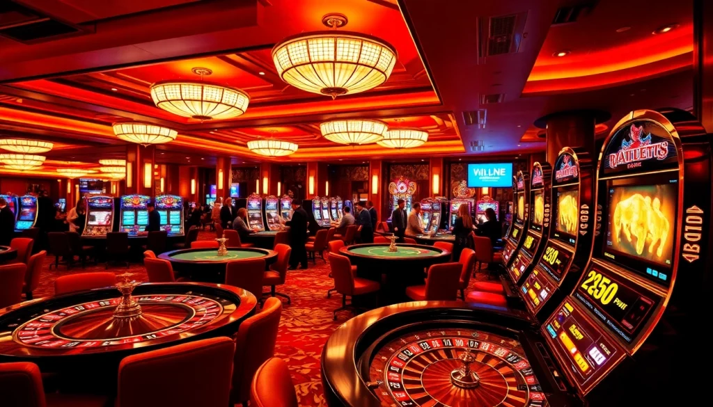 Players enjoying poker at the luxurious casino of https://www.bdjl.org/ amidst vibrant slot machines.