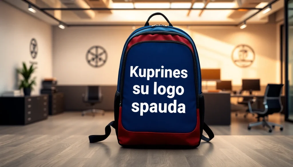 Stilinga kuprinė su logotipo spauda modernioje biuro aplinkoje, demonstruojanti profesionalų prekės ženklo įvaizdį.