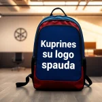 Stilinga kuprinė su logotipo spauda modernioje biuro aplinkoje, demonstruojanti profesionalų prekės ženklo įvaizdį.