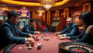 Excited gamblers enjoying an upscale poker game at a top club in a luxurious casino setting.
