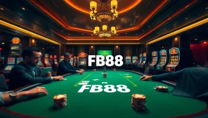 FB88 poker players strategizing at a high-stakes table with vibrant casino elements.