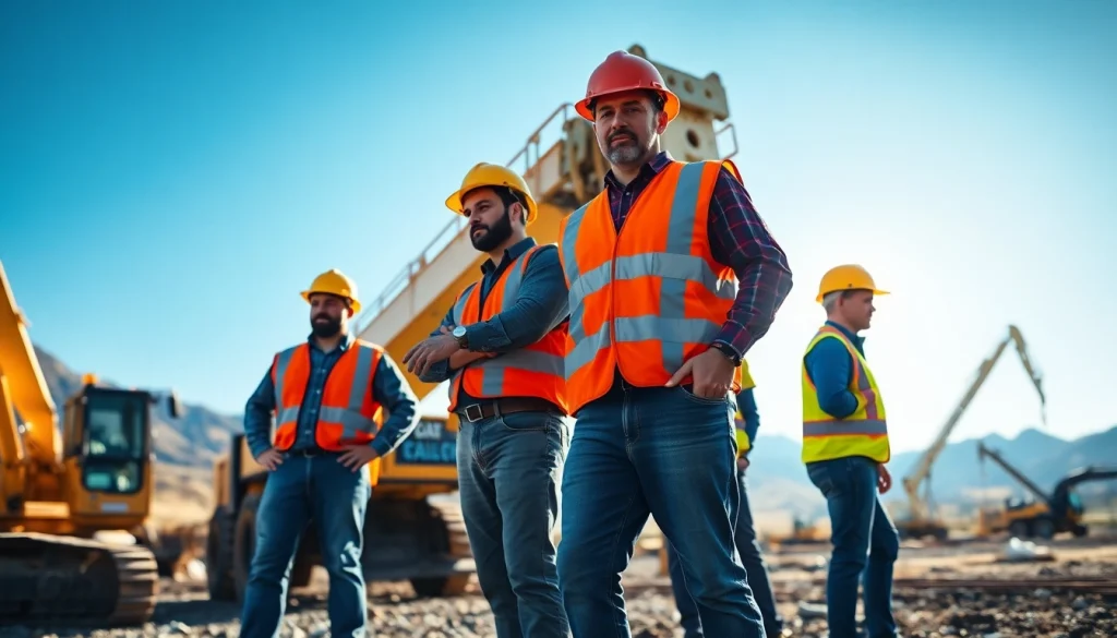 Construction workers in Wyoming collaborating effectively with machinery at a site.