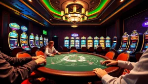 Engage in thrilling MM88 casino gameplay with vibrant poker and slot machine action.