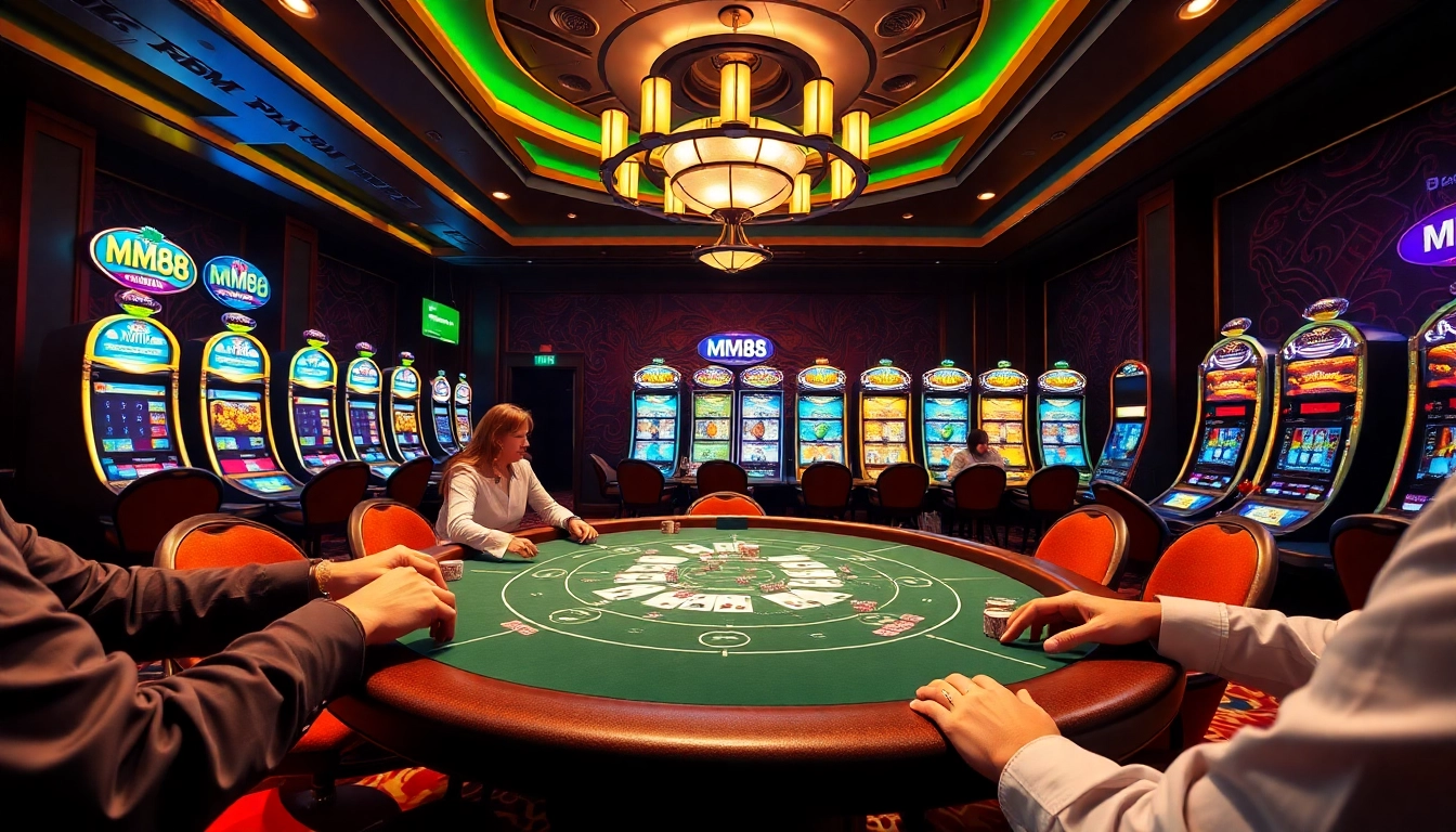 Engage in thrilling MM88 casino gameplay with vibrant poker and slot machine action.