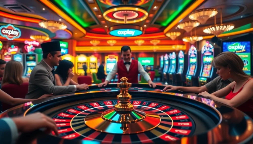 Players enjoying a luxury casino experience at an 'oxplay' table, featuring vibrant chips and an engaging dealer.