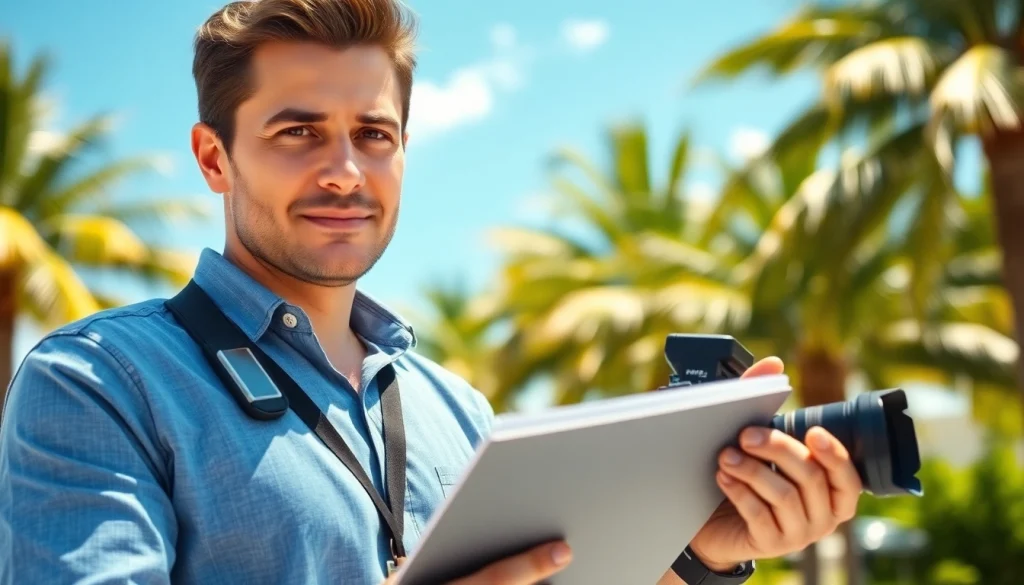 South Florida Reporter capturing a story outdoors with palm trees in the background.