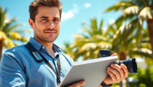 South Florida Reporter capturing a story outdoors with palm trees in the background.