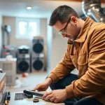Skilled technician performing furnace repair lewisboro in a well-lit home setting.