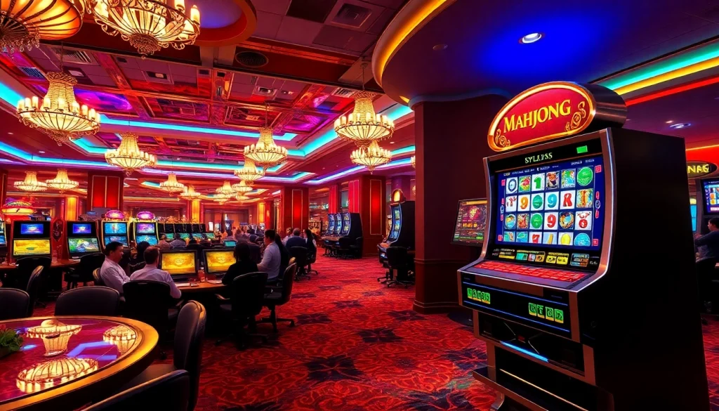 Experience lively gamers spinning the Mahjong Ways 2 slot machine in an opulent casino.