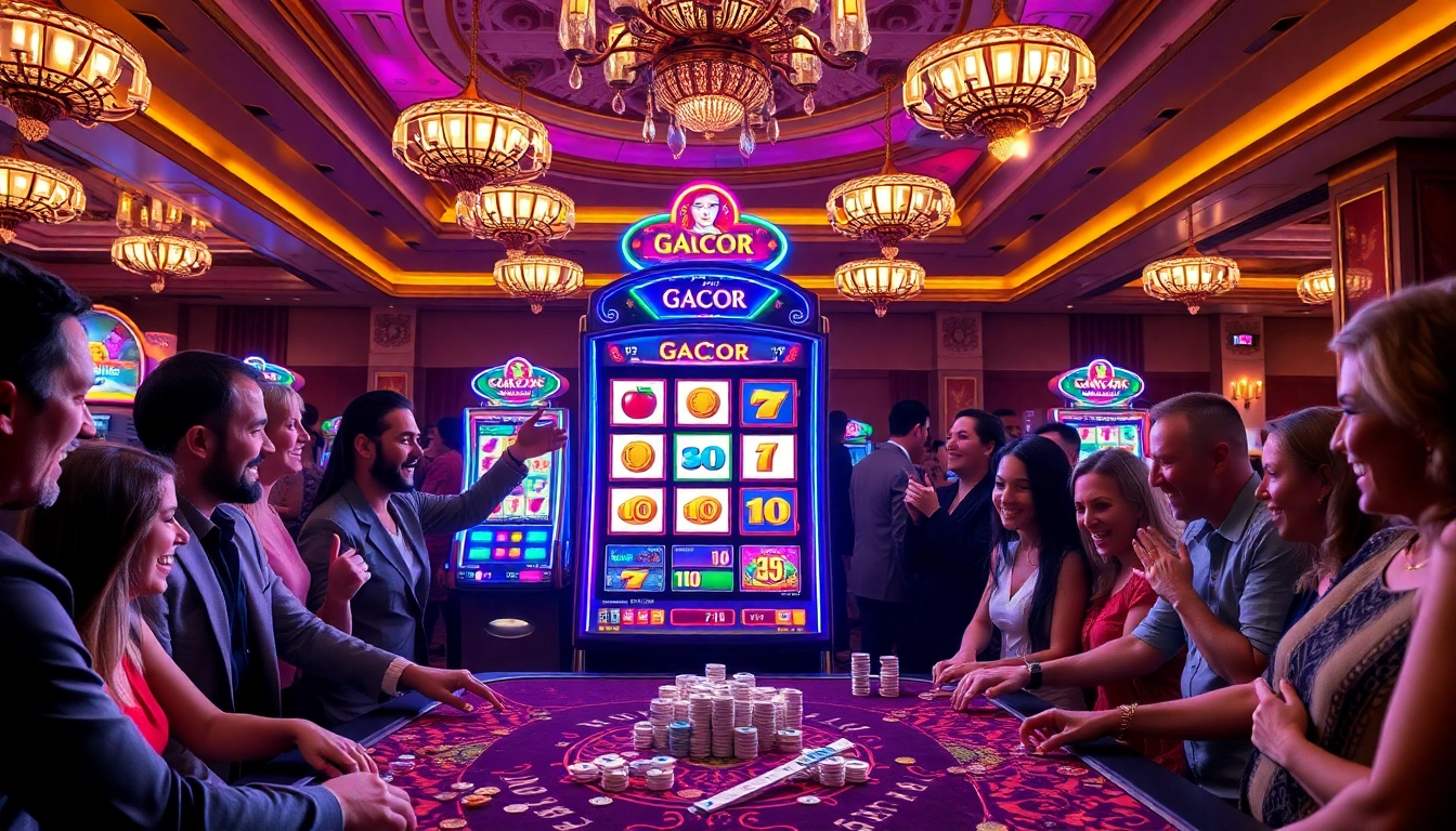 Experience thrilling gameplay with SLOT GACOR slot machine in a vibrant casino scene.
