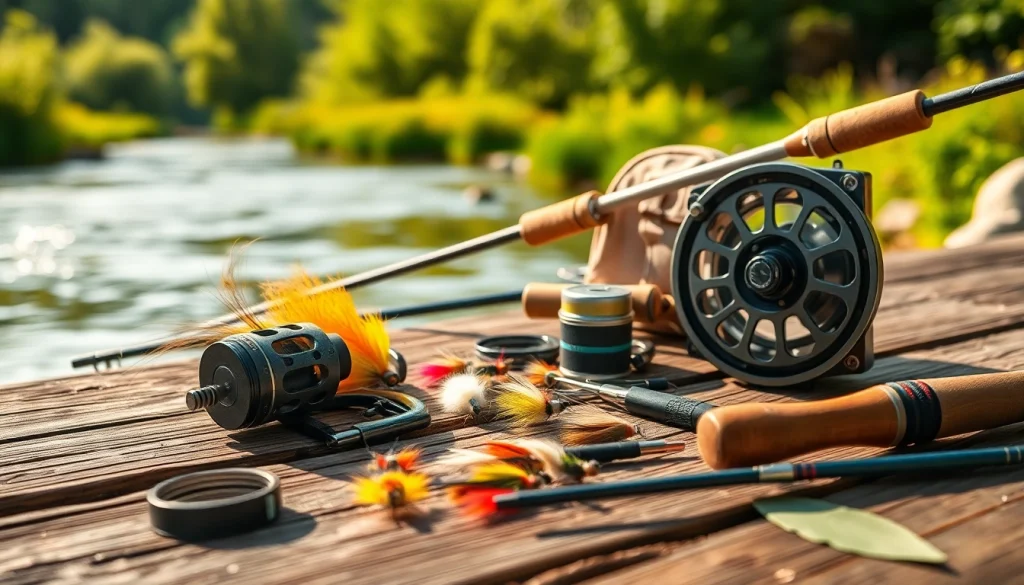 Showcasing a Fly fishing kit with vibrant flies and gear on a rustic table by a riverside.