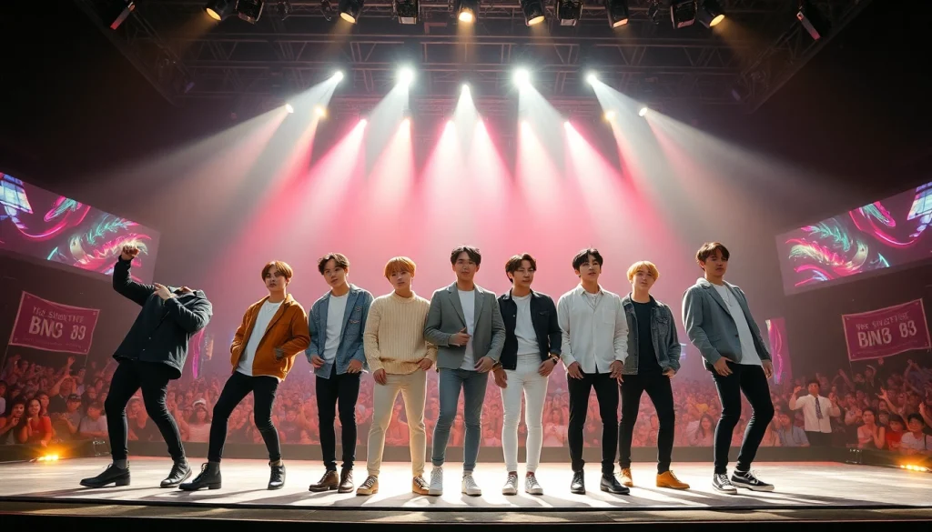 BTS members perform on stage, showcasing their unique styles and energetic presence.