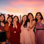 BLACKPINK news showcases members vibrant celebration with city backdrop and energetic poses.
