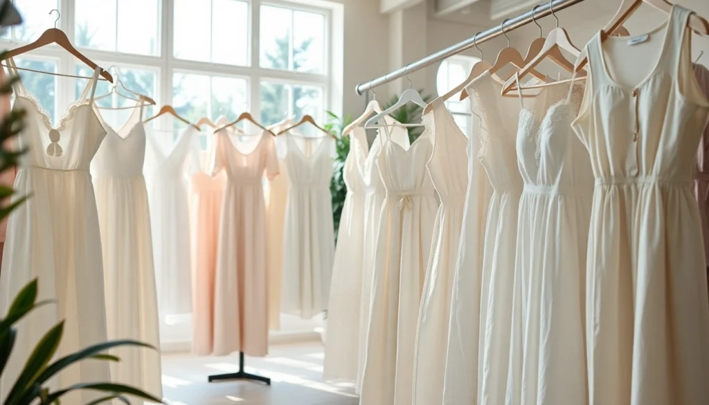Linnen jurken in een sfeervolle boetiek, stijlvol gepresenteerd en uitnodigend.