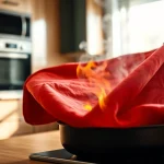 Using a fire blanket to extinguish a kitchen fire, demonstrating safety and preparedness.